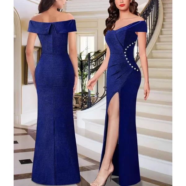 VFSHOW Womens Sexy Off Shoulder Ruched Buttons High Slit Prom Formal Maxi Dress 2023 Wedding Guest Cocktail Evening Long GownSparkly Blue2