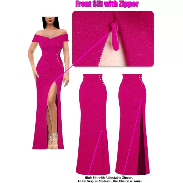 VFSHOW Womens Sexy Off Shoulder Ruched Buttons High Slit Prom Formal Maxi Dress 2023 Wedding Guest Cocktail Evening Long GownSparkly Hot Pink