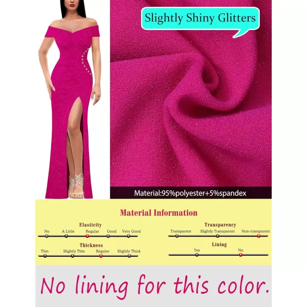 VFSHOW Womens Sexy Off Shoulder Ruched Buttons High Slit Prom Formal Maxi Dress 2023 Wedding Guest Cocktail Evening Long GownSparkly Hot Pink