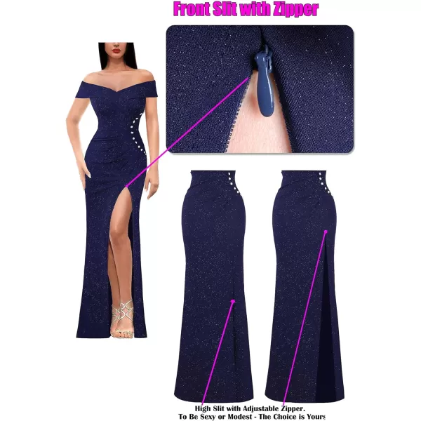 VFSHOW Womens Sexy Off Shoulder Ruched Buttons High Slit Prom Formal Maxi Dress 2023 Wedding Guest Cocktail Evening Long GownSparkly Navy Blue