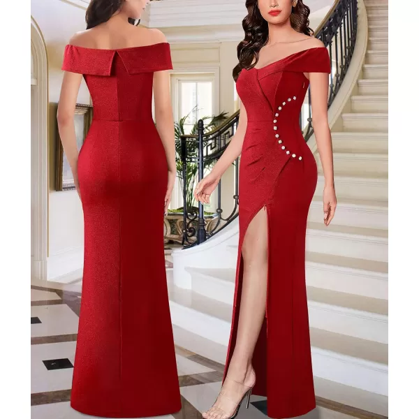 VFSHOW Womens Sexy Off Shoulder Ruched Buttons High Slit Prom Formal Maxi Dress 2023 Wedding Guest Cocktail Evening Long GownSparkly Red