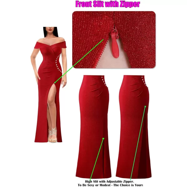 VFSHOW Womens Sexy Off Shoulder Ruched Buttons High Slit Prom Formal Maxi Dress 2023 Wedding Guest Cocktail Evening Long GownSparkly Red