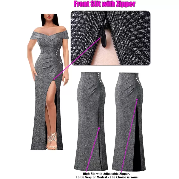 VFSHOW Womens Sexy Off Shoulder Ruched Buttons High Slit Prom Formal Maxi Dress 2023 Wedding Guest Cocktail Evening Long GownSparkly Silver Dark Grey