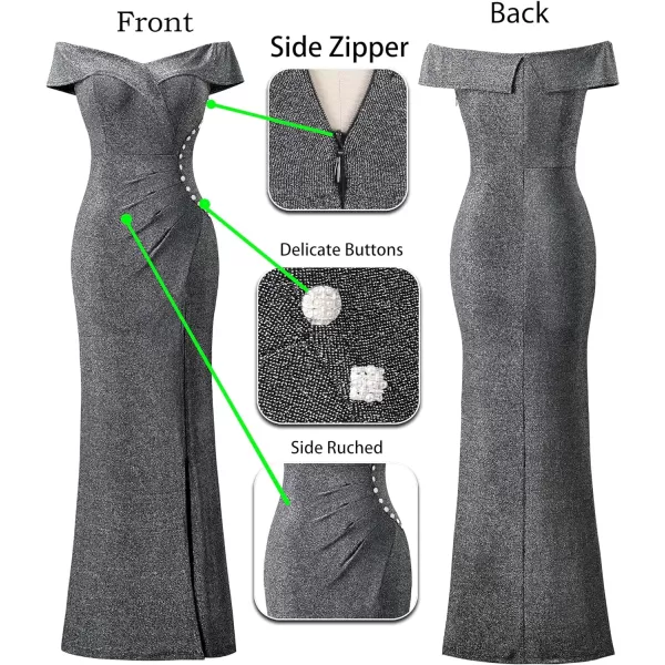 VFSHOW Womens Sexy Off Shoulder Ruched Buttons High Slit Prom Formal Maxi Dress 2023 Wedding Guest Cocktail Evening Long GownSparkly Silver Dark Grey