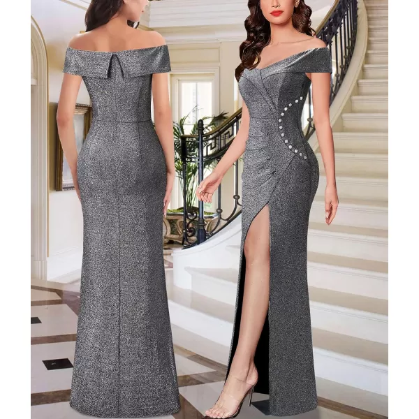 VFSHOW Womens Sexy Off Shoulder Ruched Buttons High Slit Prom Formal Maxi Dress 2023 Wedding Guest Cocktail Evening Long GownSparkly Silver Dark Grey