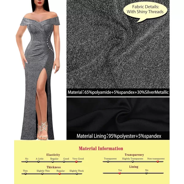 VFSHOW Womens Sexy Off Shoulder Ruched Buttons High Slit Prom Formal Maxi Dress 2023 Wedding Guest Cocktail Evening Long GownSparkly Silver Dark Grey