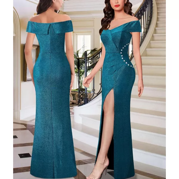 VFSHOW Womens Sexy Off Shoulder Ruched Buttons High Slit Prom Formal Maxi Dress 2023 Wedding Guest Cocktail Evening Long GownSparkly Teal Blue