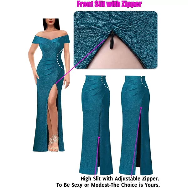 VFSHOW Womens Sexy Off Shoulder Ruched Buttons High Slit Prom Formal Maxi Dress 2023 Wedding Guest Cocktail Evening Long GownSparkly Teal Blue