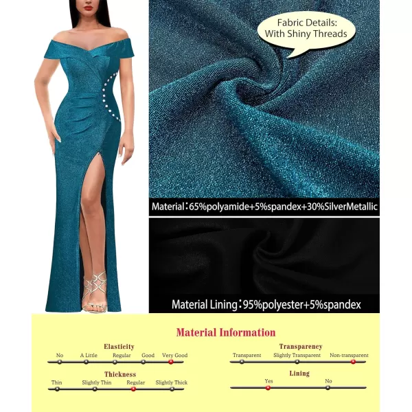 VFSHOW Womens Sexy Off Shoulder Ruched Buttons High Slit Prom Formal Maxi Dress 2023 Wedding Guest Cocktail Evening Long GownSparkly Teal Blue