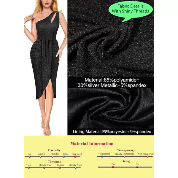 VFSHOW Womens Sexy One Shoulder Ruched Bodycon Cocktail Party Midi Dress 2023 Draped Tulip Wrap Split Glitter MidCalf DressShiny Black