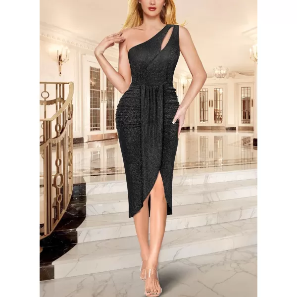 VFSHOW Womens Sexy One Shoulder Ruched Bodycon Cocktail Party Midi Dress 2023 Draped Tulip Wrap Split Glitter MidCalf DressShiny Black