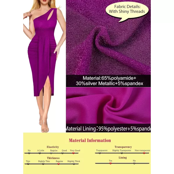 VFSHOW Womens Sexy One Shoulder Ruched Bodycon Cocktail Party Midi Dress 2023 Draped Tulip Wrap Split Glitter MidCalf DressShiny Fuchsia