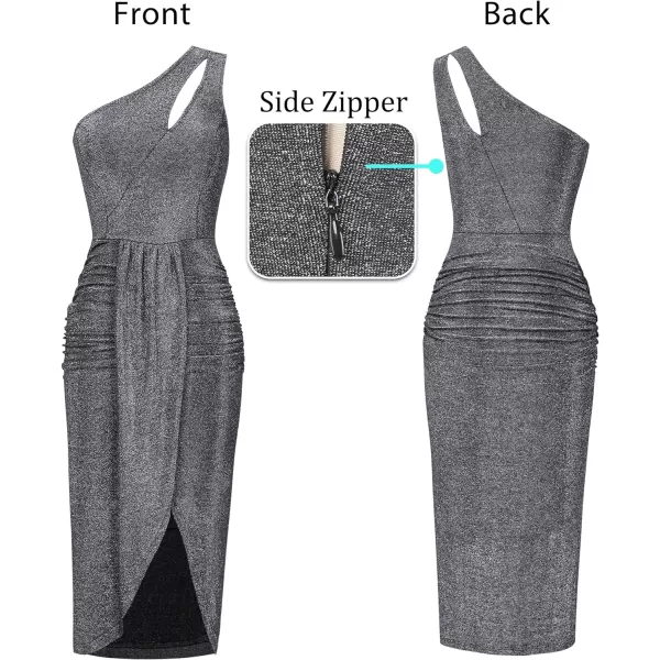 VFSHOW Womens Sexy One Shoulder Ruched Bodycon Cocktail Party Midi Dress 2023 Draped Tulip Wrap Split Glitter MidCalf DressShiny Silvery Grey