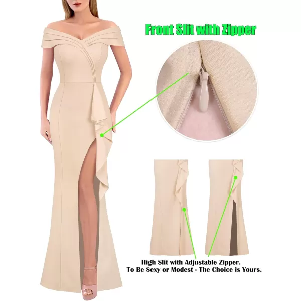 VFSHOW Womens Sexy Ruched Off Shoulder Prom Formal Wedding Guest Maxi Dress 2023 Ruffle High Split Evening Long Cocktail GownShiny Beige