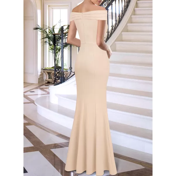 VFSHOW Womens Sexy Ruched Off Shoulder Prom Formal Wedding Guest Maxi Dress 2023 Ruffle High Split Evening Long Cocktail GownShiny Beige