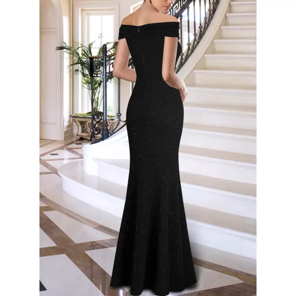 VFSHOW Womens Sexy Ruched Off Shoulder Prom Formal Wedding Guest Maxi Dress 2023 Ruffle High Split Evening Long Cocktail GownShiny Black