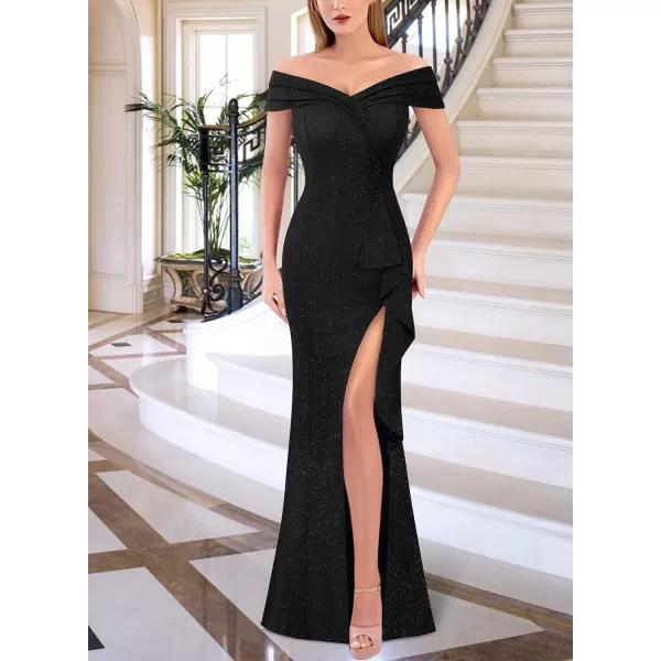 VFSHOW Womens Sexy Ruched Off Shoulder Prom Formal Wedding Guest Maxi Dress 2023 Ruffle High Split Evening Long Cocktail GownShiny Black