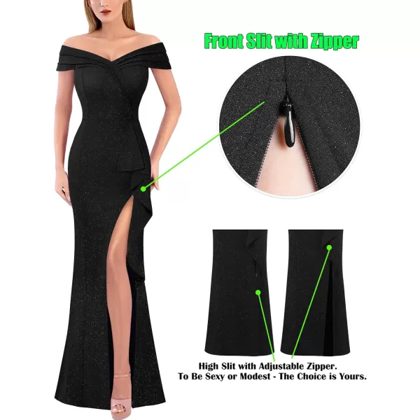 VFSHOW Womens Sexy Ruched Off Shoulder Prom Formal Wedding Guest Maxi Dress 2023 Ruffle High Split Evening Long Cocktail GownShiny Black