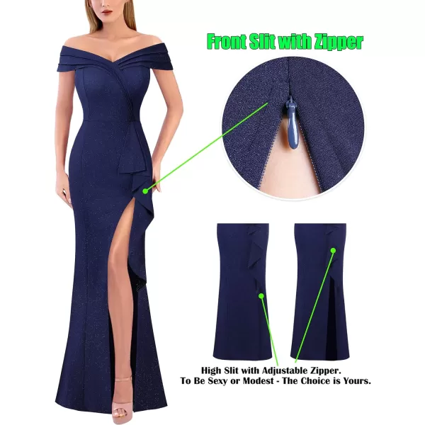 VFSHOW Womens Sexy Ruched Off Shoulder Prom Formal Wedding Guest Maxi Dress 2023 Ruffle High Split Evening Long Cocktail GownShiny Dark Blue