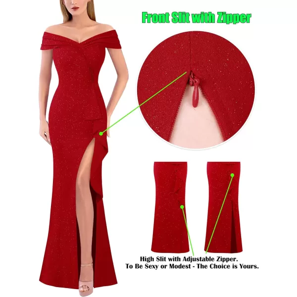 VFSHOW Womens Sexy Ruched Off Shoulder Prom Formal Wedding Guest Maxi Dress 2023 Ruffle High Split Evening Long Cocktail GownShiny Red