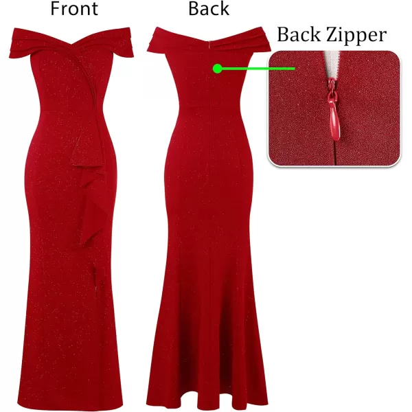 VFSHOW Womens Sexy Ruched Off Shoulder Prom Formal Wedding Guest Maxi Dress 2023 Ruffle High Split Evening Long Cocktail GownShiny Red