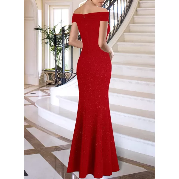VFSHOW Womens Sexy Ruched Off Shoulder Prom Formal Wedding Guest Maxi Dress 2023 Ruffle High Split Evening Long Cocktail GownShiny Red