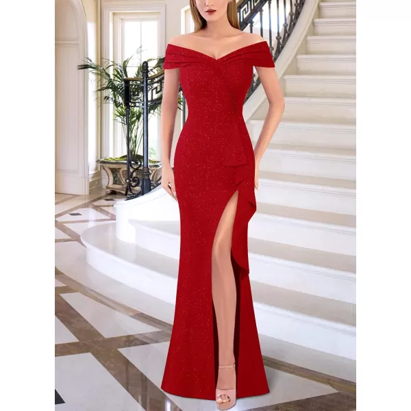 VFSHOW Womens Sexy Ruched Off Shoulder Prom Formal Wedding Guest Maxi Dress 2023 Ruffle High Split Evening Long Cocktail GownShiny Red
