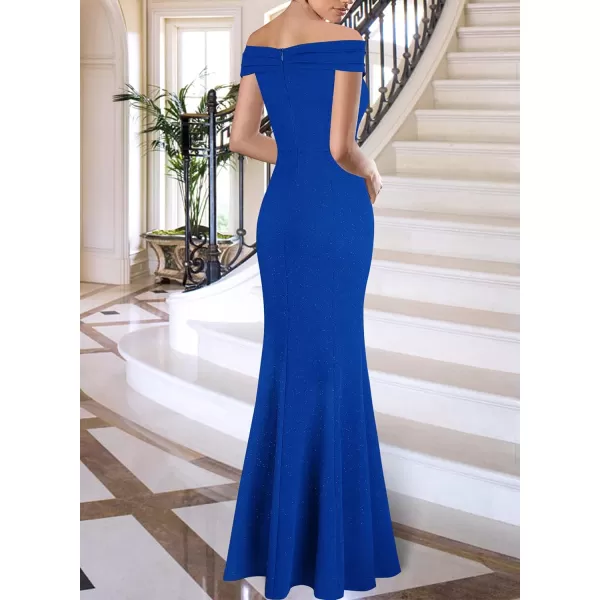 VFSHOW Womens Sexy Ruched Off Shoulder Prom Formal Wedding Guest Maxi Dress 2023 Ruffle High Split Evening Long Cocktail GownShiny Royal Blue