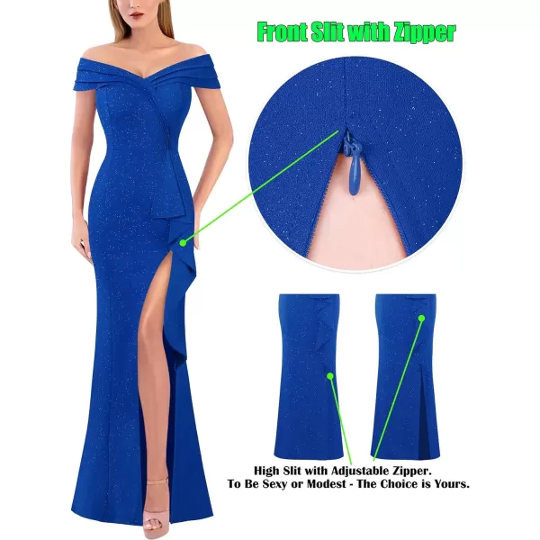 VFSHOW Womens Sexy Ruched Off Shoulder Prom Formal Wedding Guest Maxi Dress 2023 Ruffle High Split Evening Long Cocktail GownShiny Royal Blue