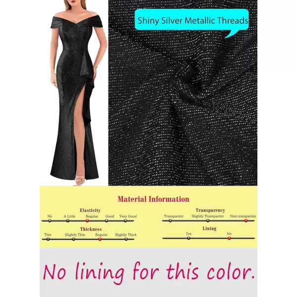 VFSHOW Womens Sexy Ruched Off Shoulder Prom Formal Wedding Guest Maxi Dress 2023 Ruffle High Split Evening Long Cocktail GownSparkly Black