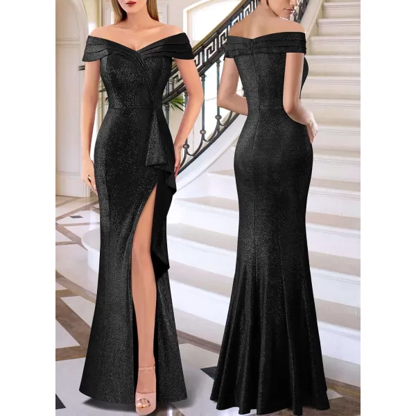 VFSHOW Womens Sexy Ruched Off Shoulder Prom Formal Wedding Guest Maxi Dress 2023 Ruffle High Split Evening Long Cocktail GownSparkly Black