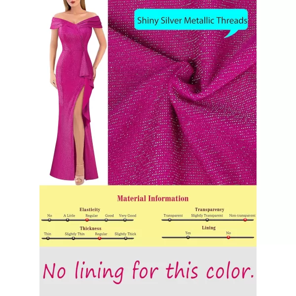 VFSHOW Womens Sexy Ruched Off Shoulder Prom Formal Wedding Guest Maxi Dress 2023 Ruffle High Split Evening Long Cocktail GownSparkly Hot Pink