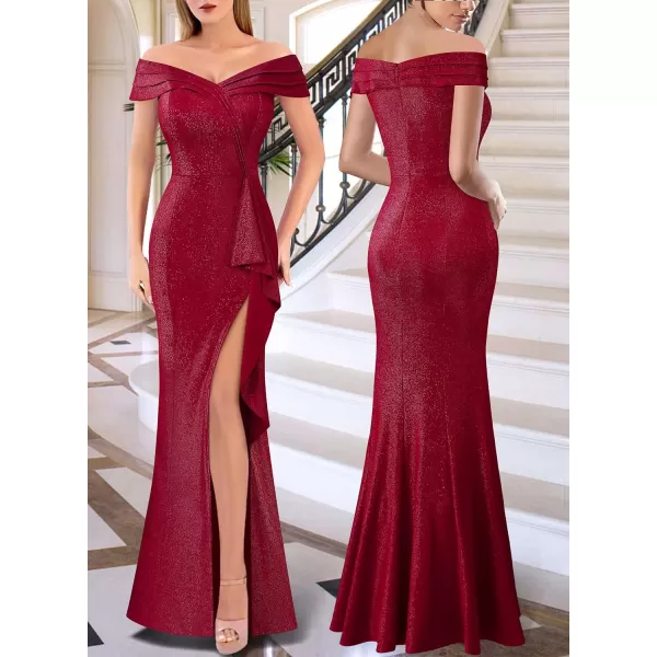 VFSHOW Womens Sexy Ruched Off Shoulder Prom Formal Wedding Guest Maxi Dress 2023 Ruffle High Split Evening Long Cocktail GownSparkly Red