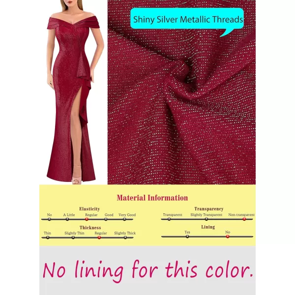 VFSHOW Womens Sexy Ruched Off Shoulder Prom Formal Wedding Guest Maxi Dress 2023 Ruffle High Split Evening Long Cocktail GownSparkly Red