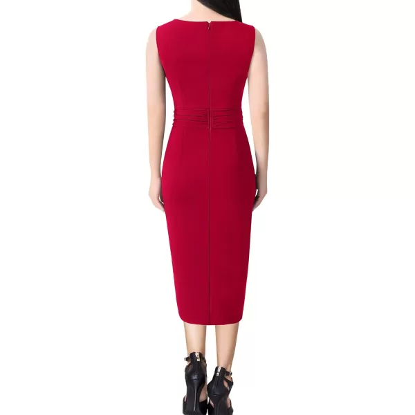 VFSHOW Womens Sexy Ruched Wrap V Neck Cocktail Party Pleated Midi Pencil DressRed