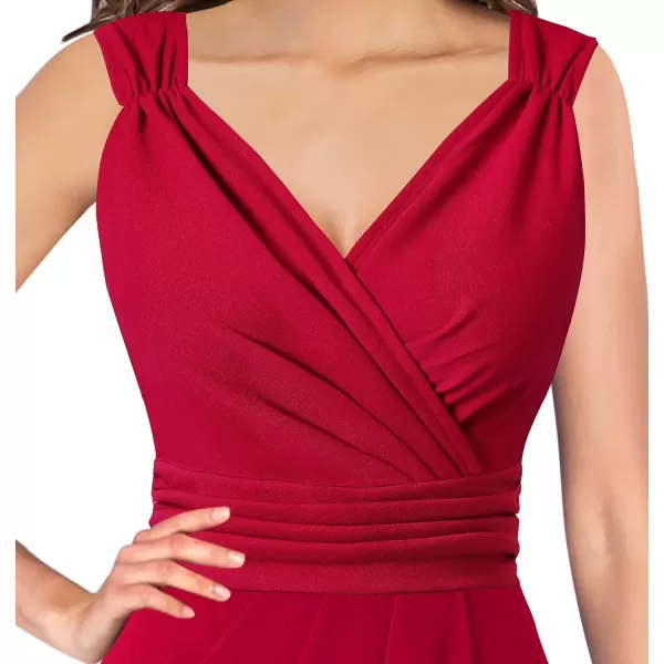 VFSHOW Womens Sexy Ruched Wrap V Neck Cocktail Party Pleated Midi Pencil DressRed