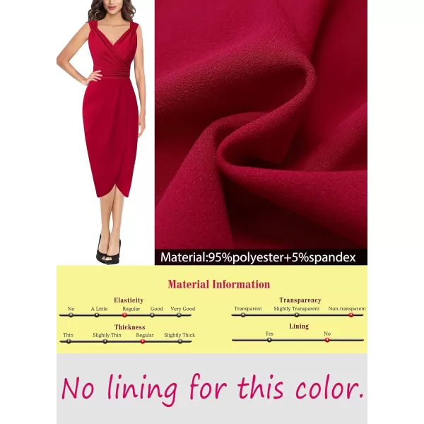 VFSHOW Womens Sexy Ruched Wrap V Neck Cocktail Party Pleated Midi Pencil DressRed