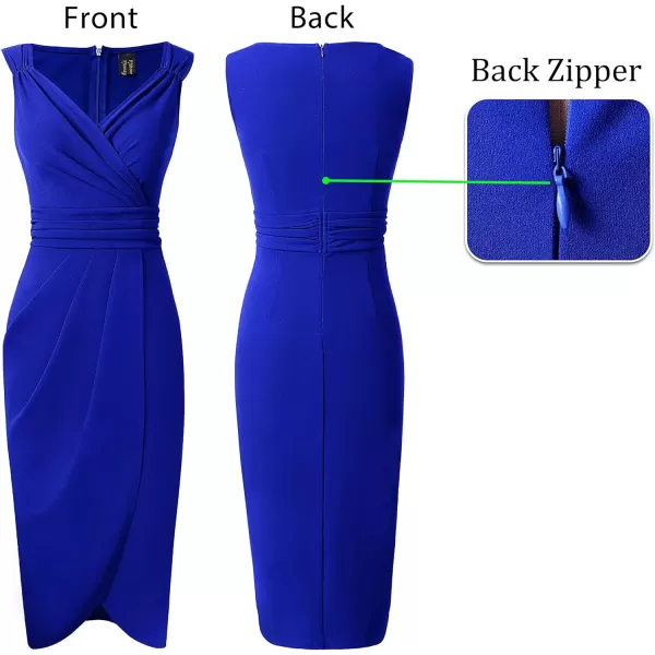 VFSHOW Womens Sexy Ruched Wrap V Neck Cocktail Party Pleated Midi Pencil DressRoyal Blue