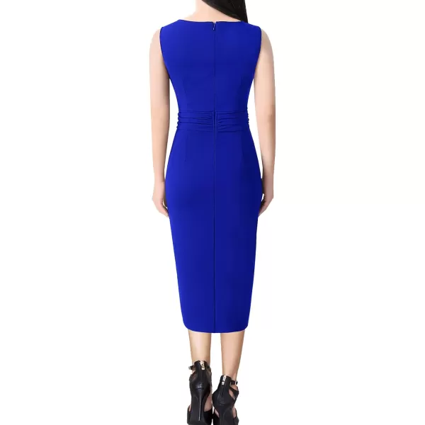 VFSHOW Womens Sexy Ruched Wrap V Neck Cocktail Party Pleated Midi Pencil DressRoyal Blue