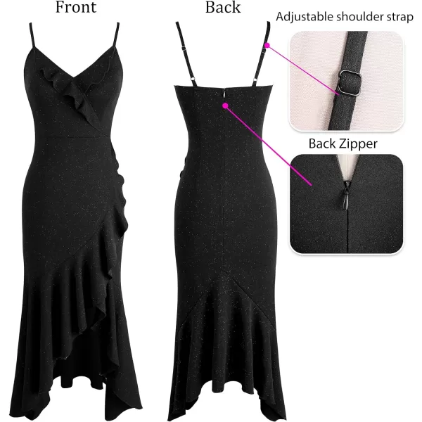 VFSHOW Womens Sexy Ruffle Deep V Neck Cocktail Party Bodycon Midi Dress Spaghetti Strap 2023 HiLo Slit Mermaid DressSparkly Black