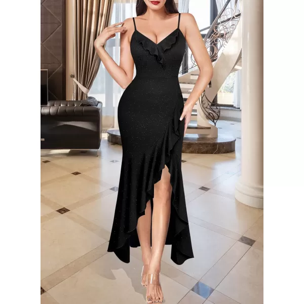 VFSHOW Womens Sexy Ruffle Deep V Neck Cocktail Party Bodycon Midi Dress Spaghetti Strap 2023 HiLo Slit Mermaid DressSparkly Black