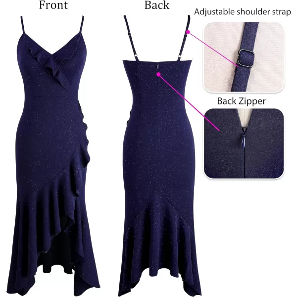 VFSHOW Womens Sexy Ruffle Deep V Neck Cocktail Party Bodycon Midi Dress Spaghetti Strap 2023 HiLo Slit Mermaid DressSparkly Navy Blue