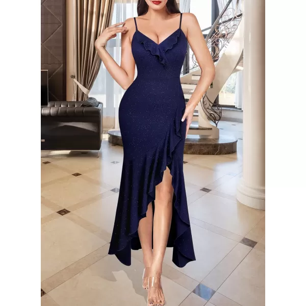 VFSHOW Womens Sexy Ruffle Deep V Neck Cocktail Party Bodycon Midi Dress Spaghetti Strap 2023 HiLo Slit Mermaid DressSparkly Navy Blue