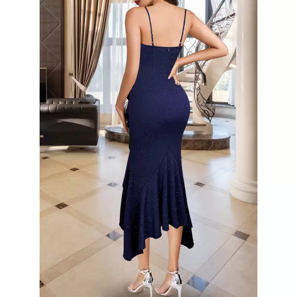 VFSHOW Womens Sexy Ruffle Deep V Neck Cocktail Party Bodycon Midi Dress Spaghetti Strap 2023 HiLo Slit Mermaid DressSparkly Navy Blue