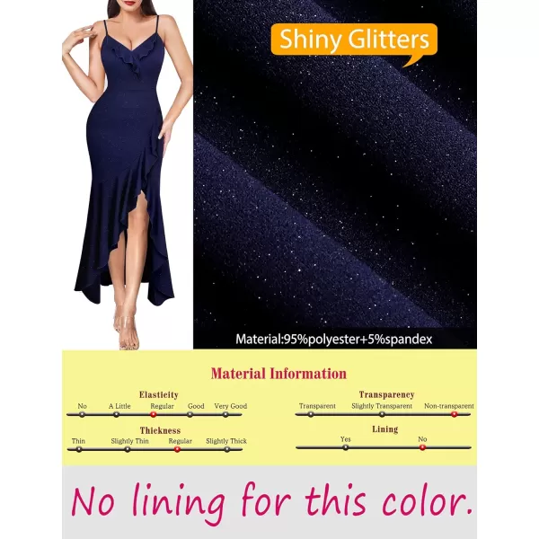 VFSHOW Womens Sexy Ruffle Deep V Neck Cocktail Party Bodycon Midi Dress Spaghetti Strap 2023 HiLo Slit Mermaid DressSparkly Navy Blue