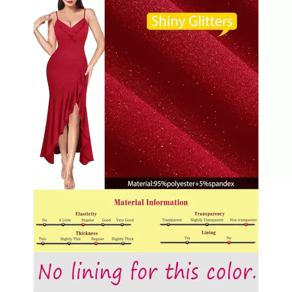 VFSHOW Womens Sexy Ruffle Deep V Neck Cocktail Party Bodycon Midi Dress Spaghetti Strap 2023 HiLo Slit Mermaid DressSparkly Red