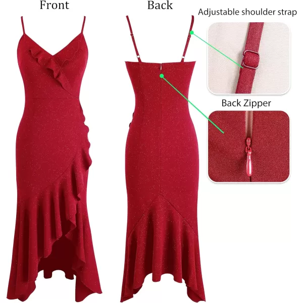 VFSHOW Womens Sexy Ruffle Deep V Neck Cocktail Party Bodycon Midi Dress Spaghetti Strap 2023 HiLo Slit Mermaid DressSparkly Red