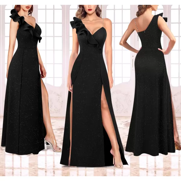 VFSHOW Womens Sexy Ruffle One Shoulder Double High Slit Formal Prom Maxi Dress V Neck Beaded Strap ALine Evening GownSparkly Black