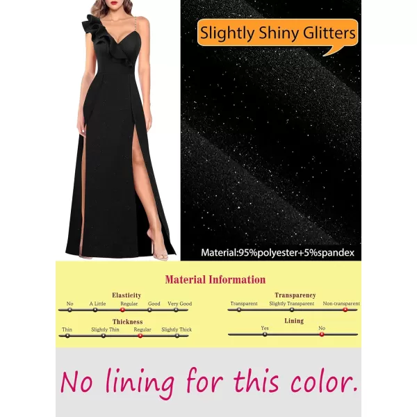 VFSHOW Womens Sexy Ruffle One Shoulder Double High Slit Formal Prom Maxi Dress V Neck Beaded Strap ALine Evening GownSparkly Black