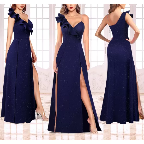 VFSHOW Womens Sexy Ruffle One Shoulder Double High Slit Formal Prom Maxi Dress V Neck Beaded Strap ALine Evening GownSparkly Dark Blue